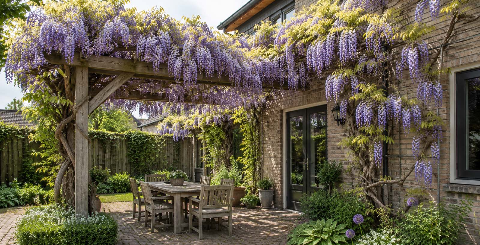 Patio extérieur avec une magnifique Glycine en fleurs