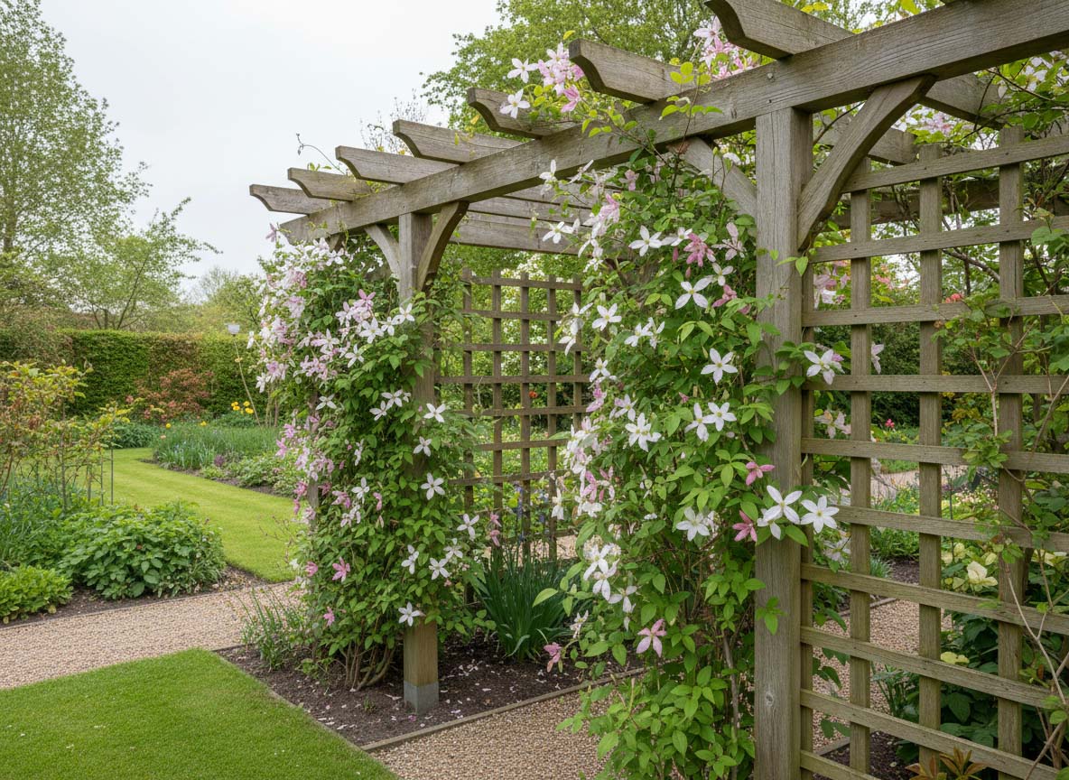 Clematis montana am Gartenzaun