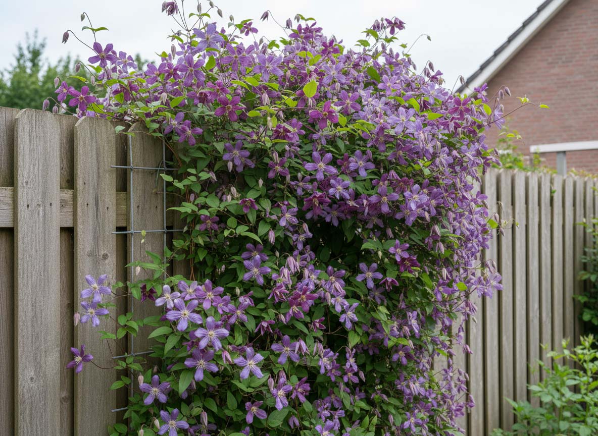 Großblumige Clematis in voller Blüte