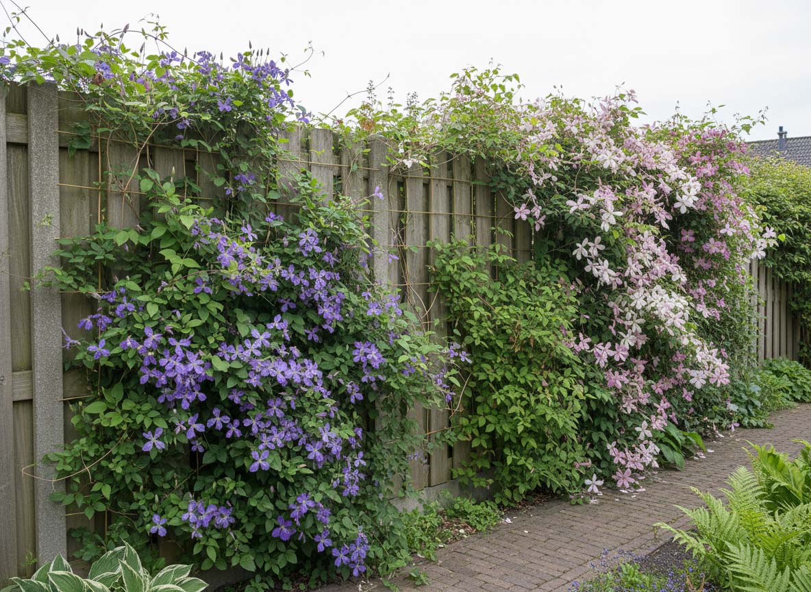 Fast vollständig mit Clematis bewachsener Gartenzaun